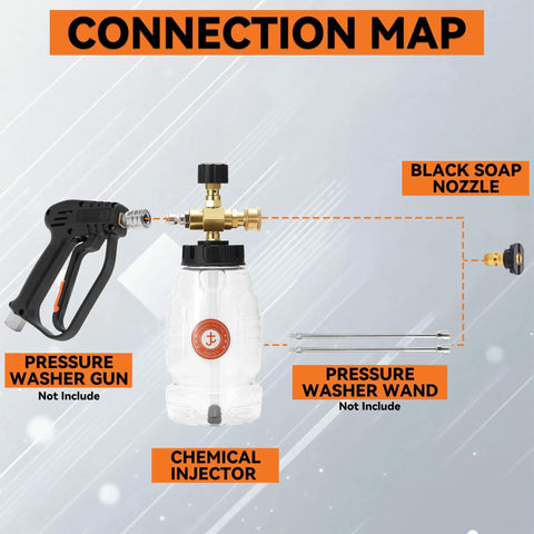 Connection map showing Chemical Injector For Pressure Washer With Bottle, Adjustable Soap Injector, 1 Quarter Inch Quick Connect.
