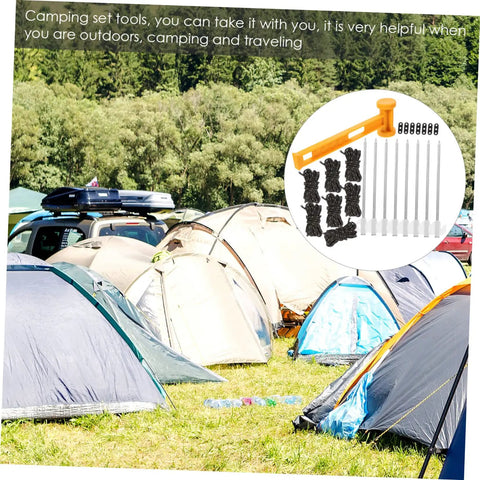 Heavy Duty Tent Stakes Ground Nails Kit with 8 stakes, ropes, and hammer, displayed with camping tents in a grassy outdoor setting.