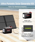 Portable 237Wh Solar Generator With Foldable 60W Panel 300W Pure Sine Wave Power Station on beach scene for outdoor use