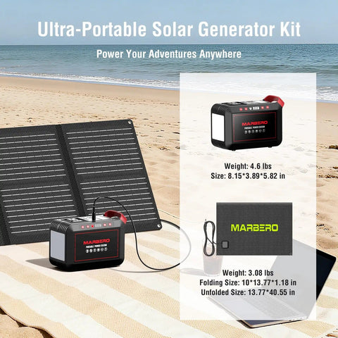 Portable 237Wh Solar Generator With Foldable 60W Panel 300W Pure Sine Wave Power Station on beach scene for outdoor use