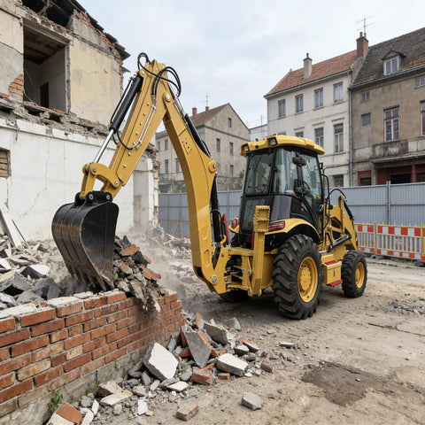 Workhorse Backhoe Loader For Pro Construction And Farming Use With Front Loader demolishing a brick wall on site