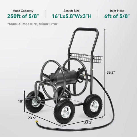 Garden Hose Reel Cart With 250 Ft Capacity, 10 Inch Pneumatic Tires, Powder Coated Steel Frame, dimensions 33.3x23.6x36.2 inches