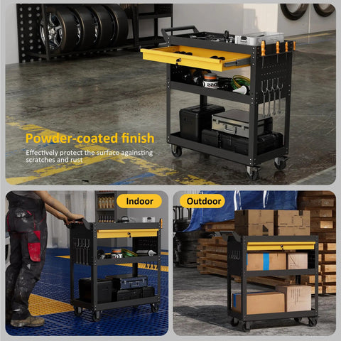 Workhorse Heavy Duty Rolling Tool Cart With Three Tiers And Drawer Plus Pegboard 440 Lb Capacity Steel Utility Cart in garage