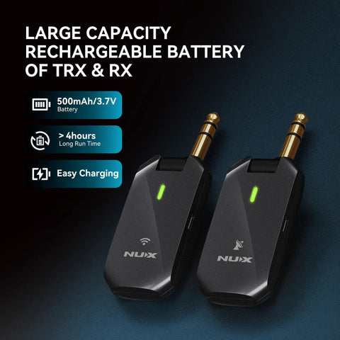 Close-up of 5.8 GHz Wireless Guitar System Transmitter and Receiver with battery details for active and passive guitars