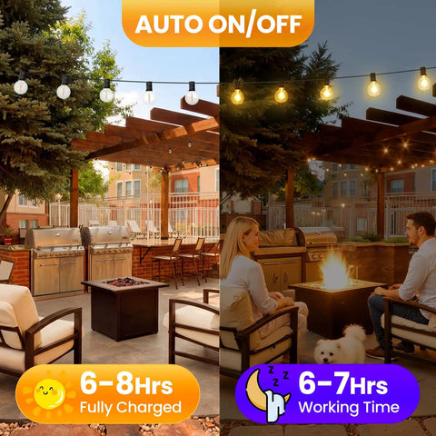 Bold 25 Foot Solar Powered String Lights Outdoor Waterproof With 11 Shatterproof G40 LED Bulbs illuminating patio with firepit.