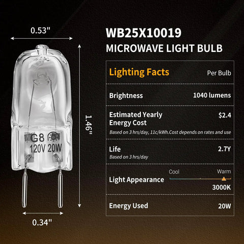 Halogen Over The Stove Light Bulbs 2 Pack For Microwave Hood Light No Brainer Easy Fit Replacement 120V 20W G8 Bi Pin Base Fits GE Samsung Kenmore Elite Maytag Over The Stove Microwaves Replaces WB25X10019 with lighting facts table