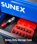 Three Eighths Inch Drive Pipe Plug Socket Set, 11 Piece SAE Cr-Mo Steel Build shown in open storage case on workbench.