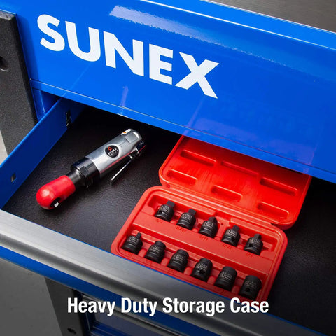 Three Eighths Inch Drive Pipe Plug Socket Set, 11 Piece SAE Cr-Mo Steel Build shown in open storage case on workbench.
