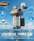 12V DC RV Fresh Water Pump 6 GPM 70 PSI Self Priming Diaphragm With Pressure Switch and Strainer featured in water background.