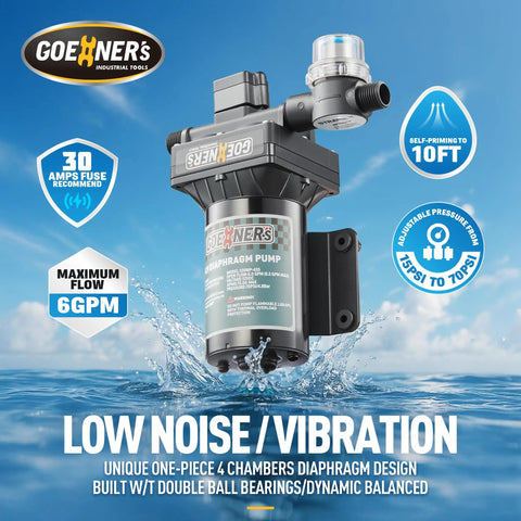 12V DC RV Fresh Water Pump 6 GPM 70 PSI Self Priming Diaphragm With Pressure Switch and Strainer featured in water background.