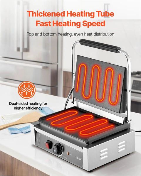 VEVOR Commercial Panini Grill 1800W Electric Sandwich Press with stainless steel heating tubes for fast, even cooking.