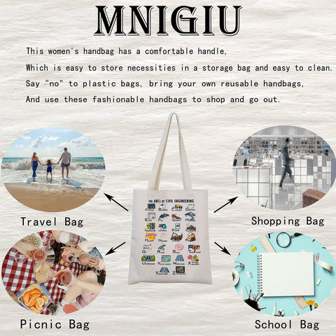 Civil Engineer Alphabet Tote Bag The ABCs Of Civil Engineering Gift For Female Engineers Graduation Present Durable Canvas Tote With Sturdy Straps Waterproof And Reusable Everyday Carryall displayed with lifestyle uses.