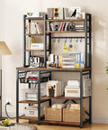 Rustic Brown Baker Rack With Power Outlet Microwave Stand With Storage Large Coffee Bar Station And 14 Hooks Metal Kitchen Shelf