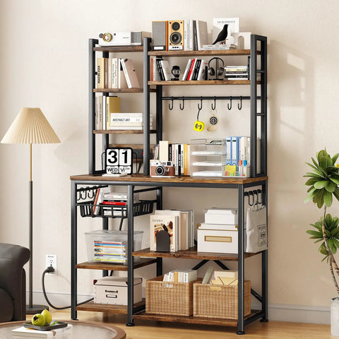 Rustic Brown Baker Rack With Power Outlet Microwave Stand With Storage Large Coffee Bar Station And 14 Hooks Metal Kitchen Shelf
