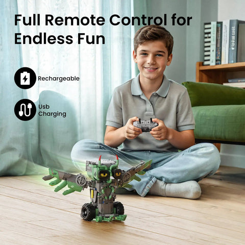 Child playing with Totally Fun 727-Piece 5in1 Robot Car Kit With Remote Control For Kids Aged 8 To 14 - STEM Coding Robotics Toy