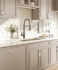 Kitchen cabinets with Crystal Glass Drawer Pulls in Champagne Bronze Finish Set of Five Cabinet Handles with Faceted Crystals installed.