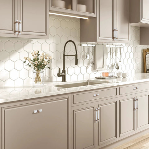 Kitchen cabinets with Crystal Glass Drawer Pulls in Champagne Bronze Finish Set of Five Cabinet Handles with Faceted Crystals installed.