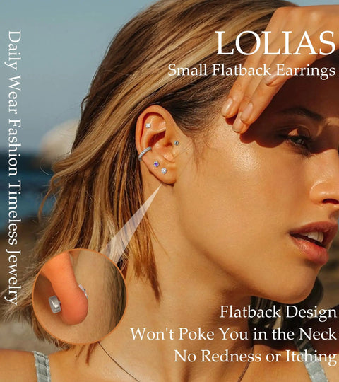 Hypoallergenic Flat Back Stud Earrings For Sensitive Ears Women And Men Surgical Steel 316L Stainless Nickel Free Lead Free No Irritation Allergy Free Rust Resistant Comfortable Everyday Jewelry worn in ear close-up