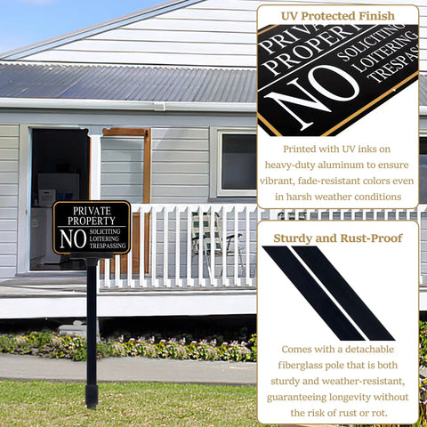2 Pack No Trespassing And No Soliciting Keep Out Sign Set For Private Property With Stake 14x10 Inches Stands About 37 Inches Tall UV Printed Fade Resistant Aluminum For Home Driveway CCTV Security displayed in front of house