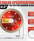 Four And A Half Inch Tile Cutting Diamond Blade Set Three Pack With Two Lock Nuts For Porcelain Ceramic Marble And Granite Wet Or Dry Use Seven Eighths Inch Arbor Five Eighths Inch Adapter X Teeth Turbo Mesh Rim detailed specifications