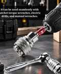 Heavy Duty Adjustable Universal Socket Wrench 3/8 Inch Drive Fits 10 To 19 Mm Fasteners with drill connection and ratchet tool.