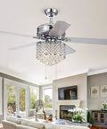 Five Blade 52 Inch Chrome Ceiling Fan With Crystal Chandelier And Three Light Fixtures Reversible Wood Blades ETL Listed Silver Finish