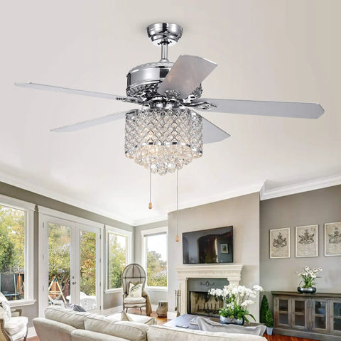 Five Blade 52 Inch Chrome Ceiling Fan With Crystal Chandelier And Three Light Fixtures Reversible Wood Blades ETL Listed Silver Finish