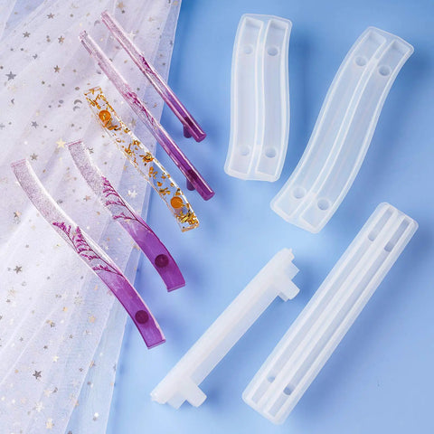 Top Shelf Four Pair Epoxy Resin Silicone Molds For Custom Bar Pull Handles And Cabinet Hardware, reusable trays in purple and clear.