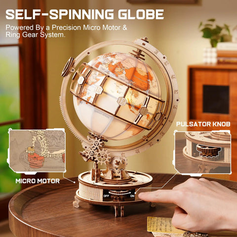 Illuminated Rotating Wooden Globe Puzzle Night Light Kit 185 Piece 3D Geography Model For Adults And Teens 14 Plus No Glue Needed Learn While You Build Hands On self-spinning globe with micro motor