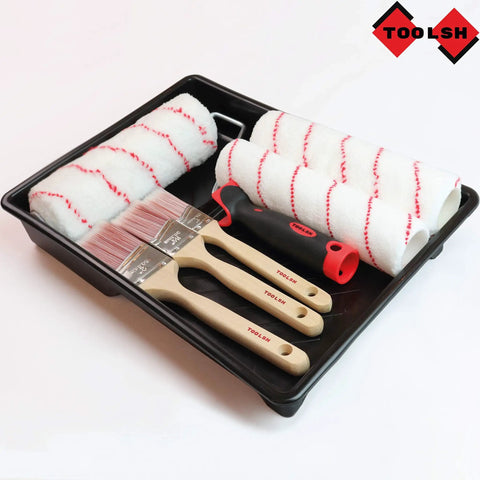 Eight Piece Painting Roller Kit With Tray And Brushes, Pro Grade Decorating Tools For Home DIY Projects, Includes Three Rollers, Three Brushes, And A Roller Tray For Smooth, Even Coverage.