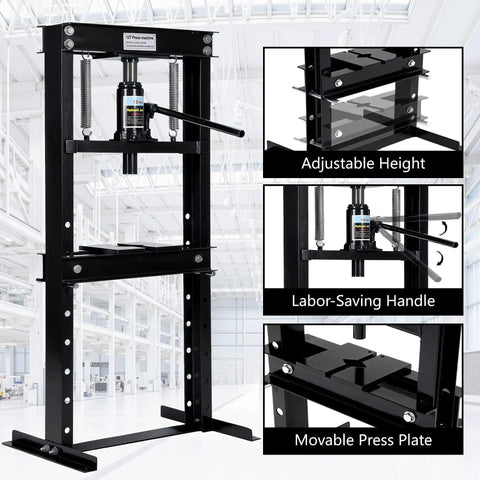 12 Ton Hydraulic H Frame Shop Press With Adjustable Table And Stamping Plates For Auto Repair Garage Use And Metalworking Projects Like Bearing Removal U Joint Installation Straightening And More Black Finish
