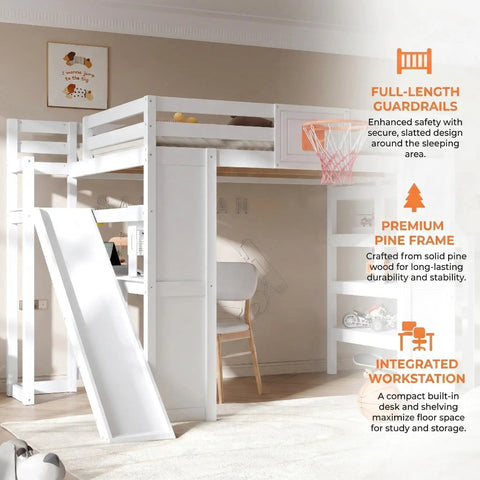 No Fuss Full Size Wooden Loft Bed With Built In Desk And Clever Storage Stairs, equipped with a slide and basketball hoop in a kids' room.