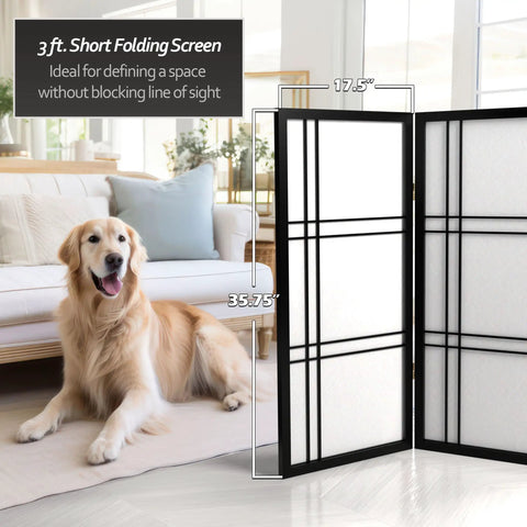 3 Ft Black Double Cross Shoji Screen 3 Panel Folding Room Divider With Rice Paper Panels And Spruce Wood Frame Space Saver Lightweight Privacy For Small Spaces Easy To Move And Store next to a golden retriever in a living room setting