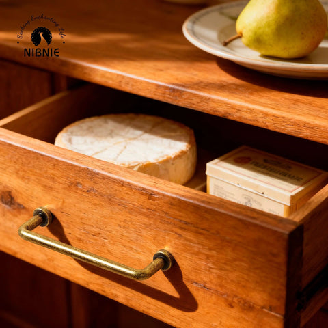 Wooden drawer with Ten Pack Antique Brass Cabinet Pulls With Center To Center Mounting Of Three And Three Quarters Inches and cheese inside.