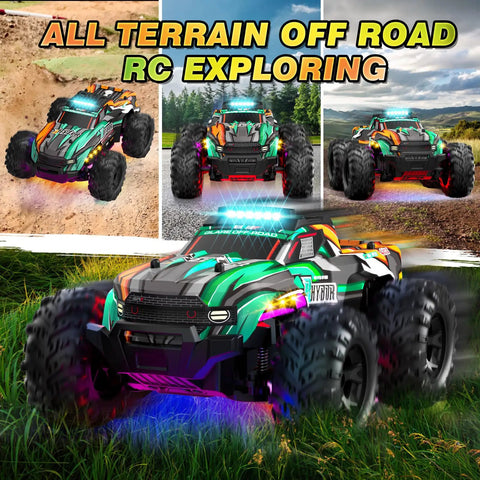 All Terrain One Sixteenth Scale RC Monster Truck With LED Lights on grass and sand, showing six color lighting modes