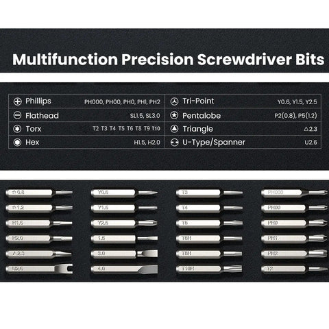Top Notch 25 In 1 Precision Screwdriver Set With Magnetic Bits For Glasses Phones Smart Watches And Laptops Heavy Duty Steel Mini Repair Kit showing various multifunction precision screwdriver bits.
