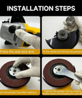 Cordless angle grinder with yellow housing; shows step-by-step wheel installation with axle lock and spindle lock.
