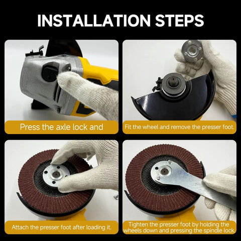 Cordless angle grinder with yellow housing; shows step-by-step wheel installation with axle lock and spindle lock.