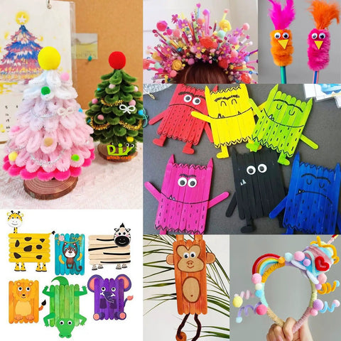 Collage of Easter DIY projects using All In One Kids Arts And Crafts Kit With 2000 Plus Pieces, featuring pom poms and pipe cleaners.