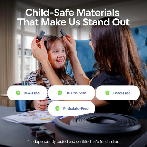 Mother and child using Thick Cushy Foam Corner Protectors And 15 Feet Of Table Edge Bumpers For Tables And Furniture on desk.