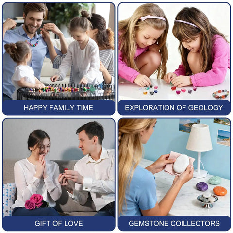 Collage of family enjoying Quiet Rock Tumbler Kit With 5 Day Timer For Kids And Adults, turning rough stones into glossy gemstones.