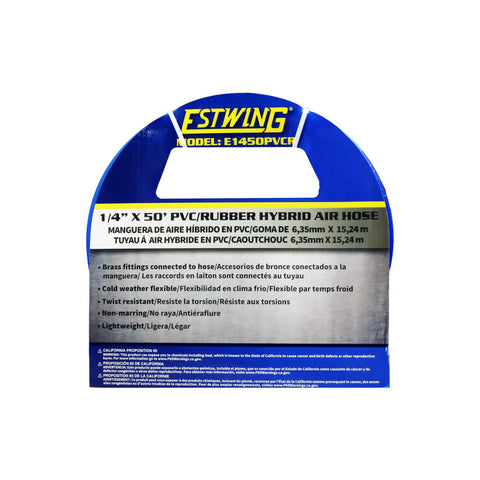 Packaging for Heavy Duty PVC Rubber Hybrid Air Hose One Quarter Inch NPT Brass Fittings With Universal Quick Connect Coupler Fifty Foot Length