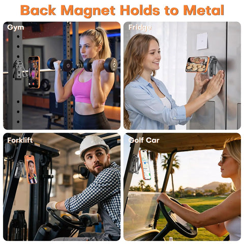 MagSafe Tripod Hook With Magnetic Back And Arca-Swiss Base for iPhone in gym, on fridge, forklift, and golf cart