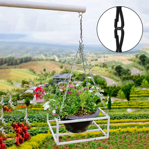 Hanging flowers on a chain with a black 12 Pack Swivel S Hooks For Wind Spinners Stainless Steel Rustproof Outdoor Garden Hardware.