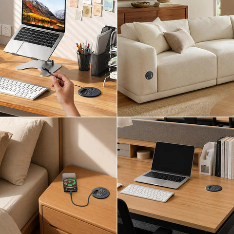 Slick Clutch Desk Power Grommet Featuring Retractable Usb C Cable Dual Ac Outlets And Multi Port Quick Charge Hub for desk setup.