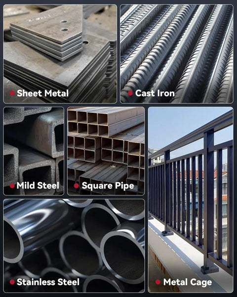 Various metals including sheet metal, cast iron, mild steel, and stainless steel suitable for 110V and 220V MMA Stick Welder projects.