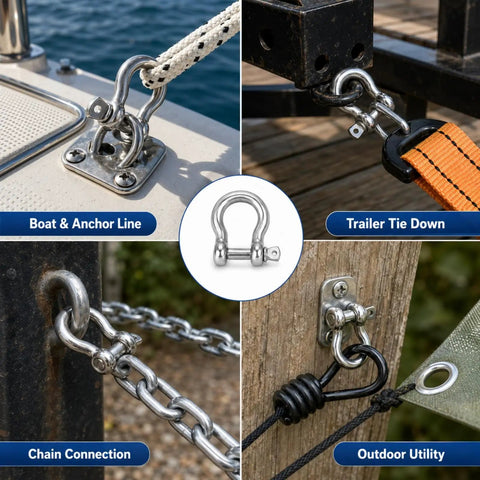 20 Pack One Quarter Inch Stainless Steel Screw Pin Shackles Set Beefy Bow Clevis Anchors For Chain Rope Tie Downs And Trailer Use Heavy Duty 1000 Kg Working Load Limit And 3800 Kg Breaking Load 304 Stainless Steel used for boat, trailer, chain, and utility tie downs