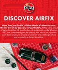 Banner featuring Airfix logo, text about UK's model kit manufacturer above a model car on red cutting mat with paintbrushes.