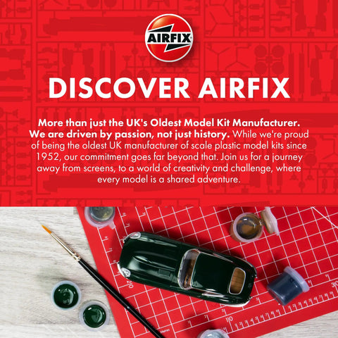 Discover Airfix with a car model on a red cutting mat, featuring paints and tools for model kits.