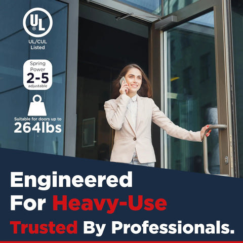 Medium Duty Commercial Door Closer Built Different For Busy Retail Entrances Featuring Smooth Operator Self Closing Hinge Assembly With Zero Slam Nonsense Ul Listed Grade One Size Two Five Silver with a woman using a door.